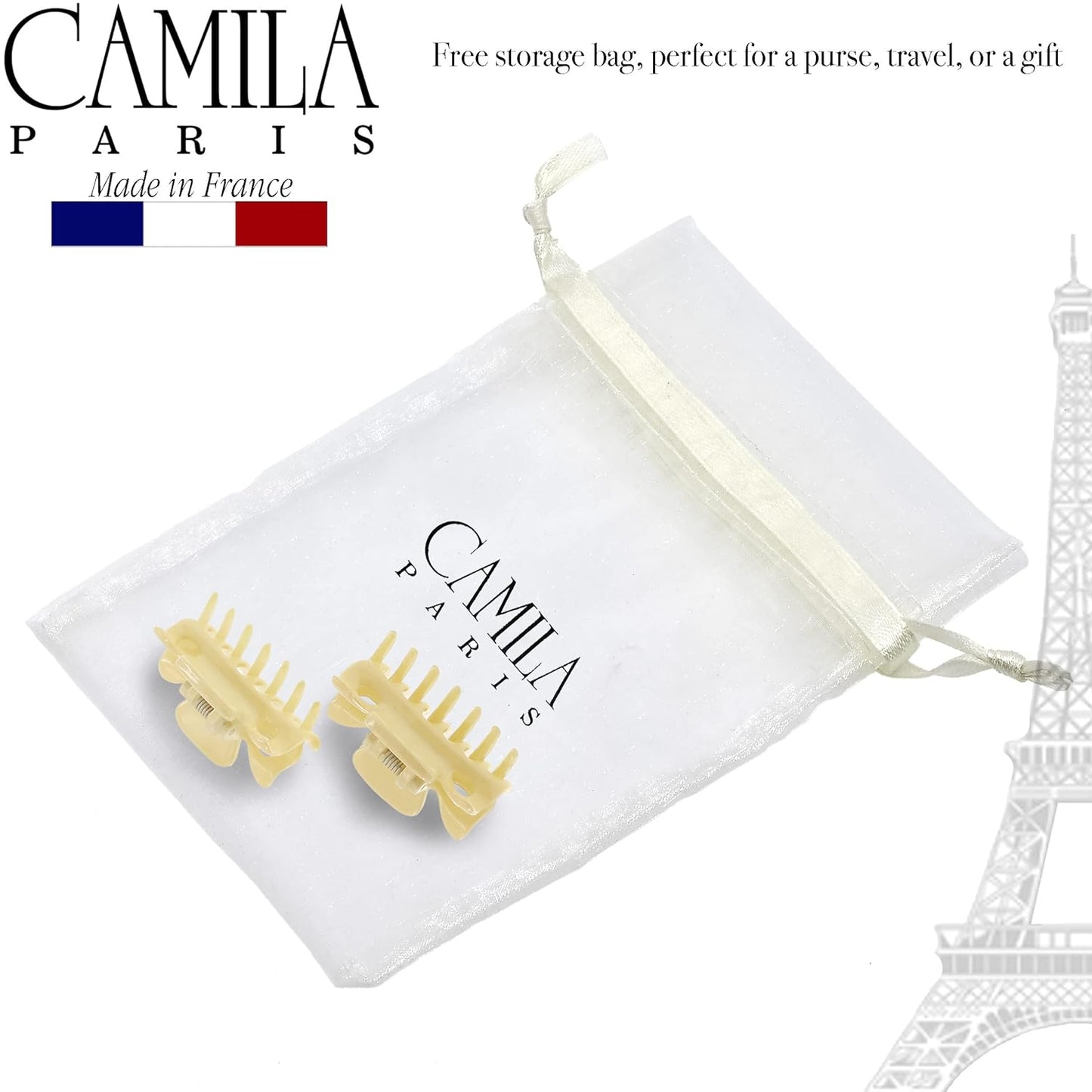 Camila Paris CP3512 French Hair Clip for Women, 1.5 inch Set of 2 Cream Girls Hair Claw Clips Jaw Fashion Durable Styling Hair Accessories for Women, Strong Hold No Slip Grip, Made in France