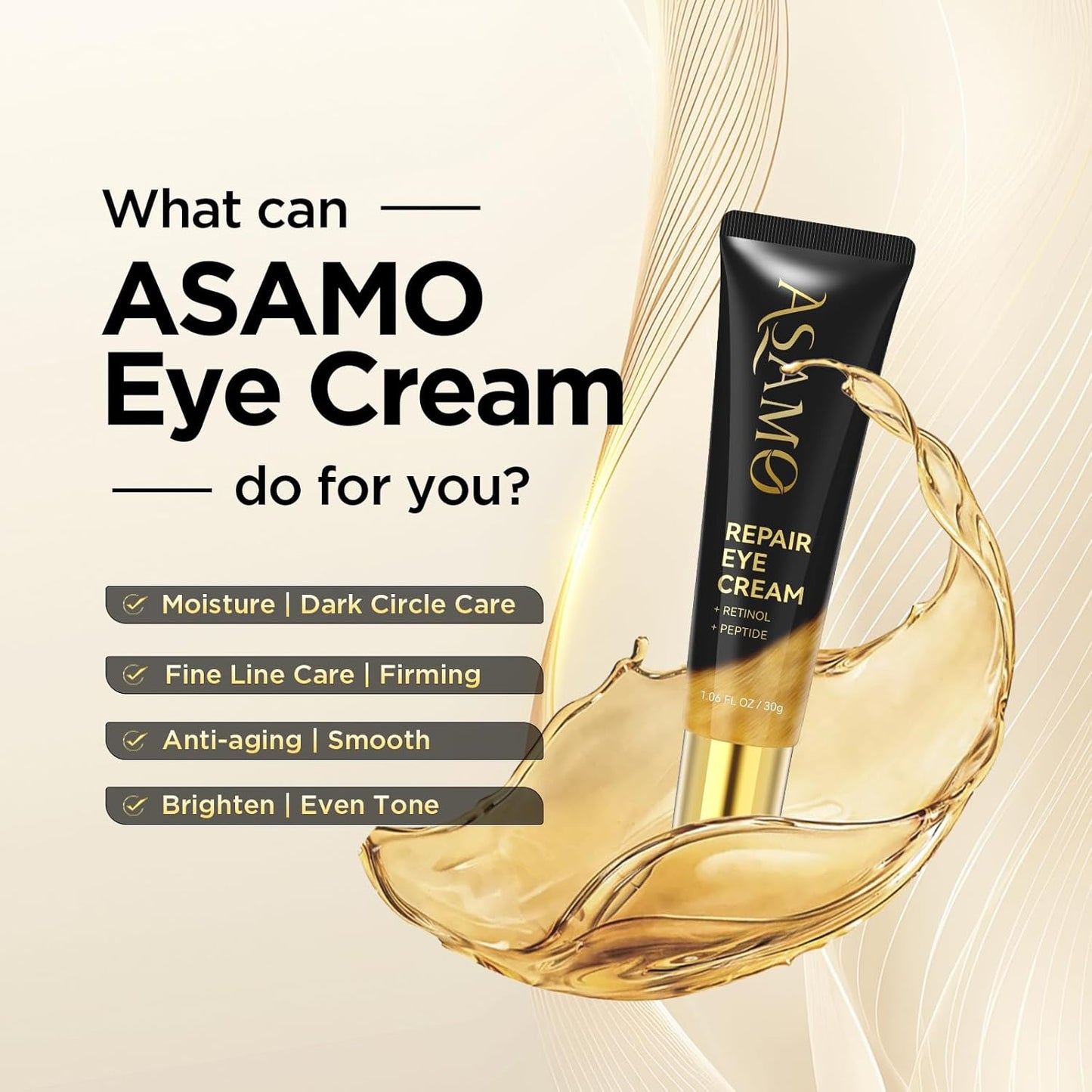 ASAMO Retinol Eye Cream – Retinol and Peptides for Fine Lines, Puffiness,Anti Aging, and Under-Eye Shadows, Eye Care Daily Wrinkle Cream,1.06 fl.oz