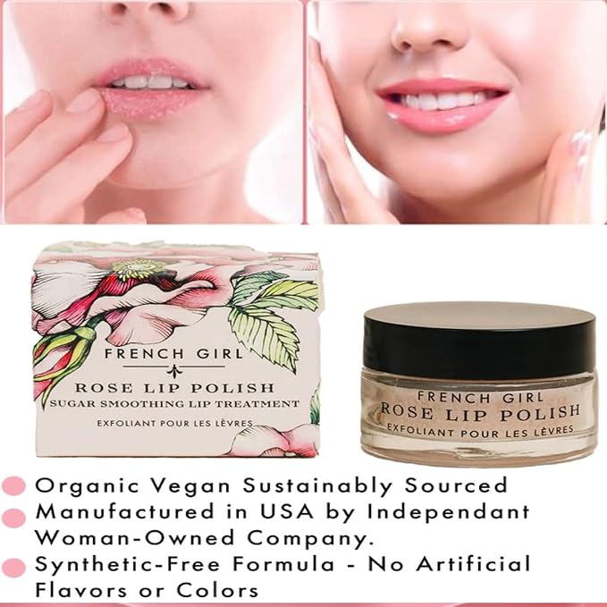 French Girl Rose Lip Scrub - Organic Sugar Scrub For Lips, Hydrating Lip Exfoliator & Moisturizer with Shea Butter & Essential Oils, Treatment for Dry Lips, Clean, Vegan & Cruelty-Free, 1oz