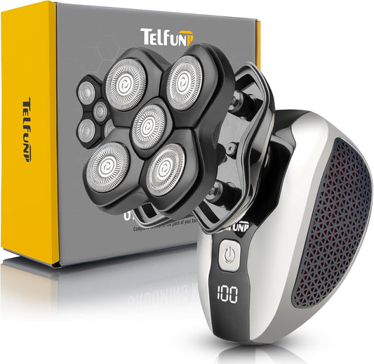 Telfun Magnetic Head Shavers for Bald Men, 5-in-1 Electric Razor w/Type-C Fast Charging - LED Display, Wet/Dry Mens Grooming Kit - Easy Use Palm Shaver for a Smooth Bald Shave