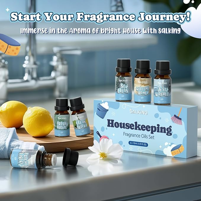 SALKING Housekeeping Fragrance Oils, Premium Essential Oil for Diffuser, Scented Oil Gift Set for Soap Candle Making - Just Washed, Welcome Home, Bright linens, Clean Trick, Clean Breeze, So Clean