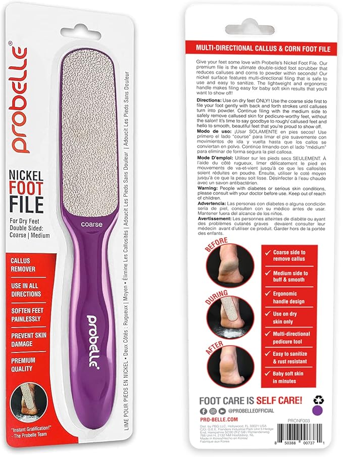 Probelle Double Sided Multidirectional Nickel Foot File Callus Remover - Immediately Reduces calluses and Corns to Powder for Instant Results, Safe Tool (Purple)