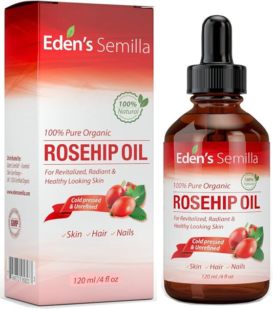 100% Pure Rosehip Oil - 4 OZ - Certified ORGANIC - Cold pressed & unrefined - NON Greasy HIGH absorbency - Use daily - nourishes, hydrates and visibly reduces fine lines, scars, stretch marks and skin