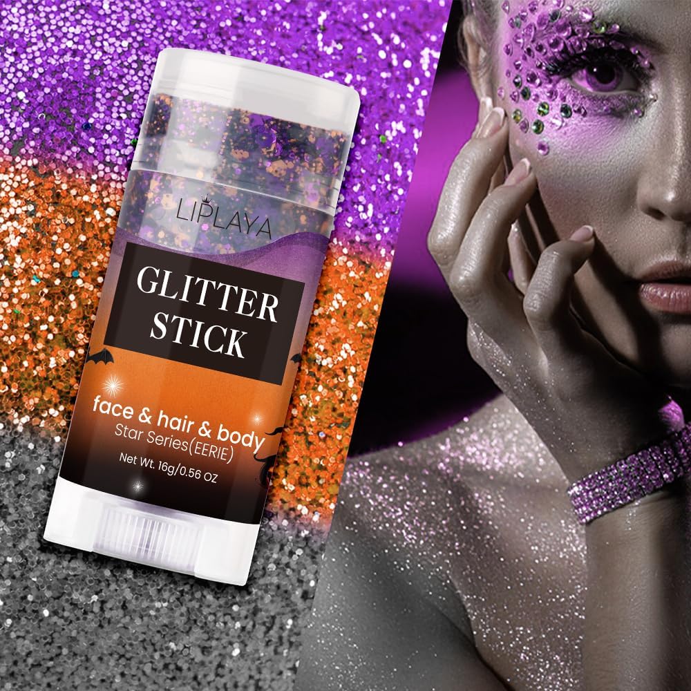 Halloween Body Glitter Stick, Holographic Sparkling Neon Outfit Singer Concert Music Rave Festival Party Accessories Hair and Face Glitter Gel. (Black & Orange & Purple)