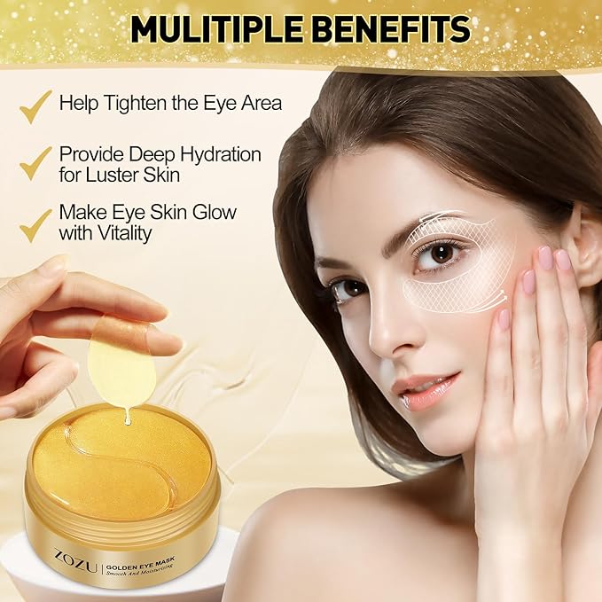 Under Eye Mask, 60 PCS Golden Gel Under Eye Patches for Dark Circles, Undereye Bags, Wrinkles Gel Under Eye Patches Gifts for Women Birthday Gifts for Women