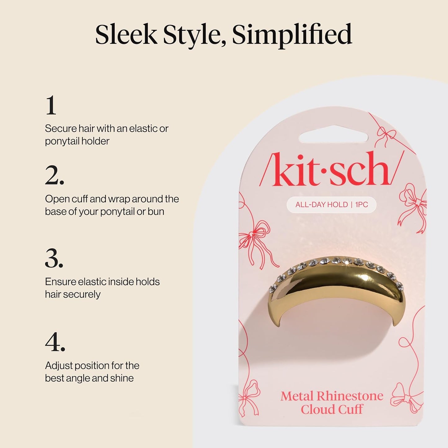 Kitsch Rhinestone Hair Cuff for Women - Gold Hair Accessories for Ponytails, Buns & Braids – Stylish Medium Gold Hair Cuff, No-Show Elastic | Elegant Gifts for Women & Stocking Stuffers - 1pc