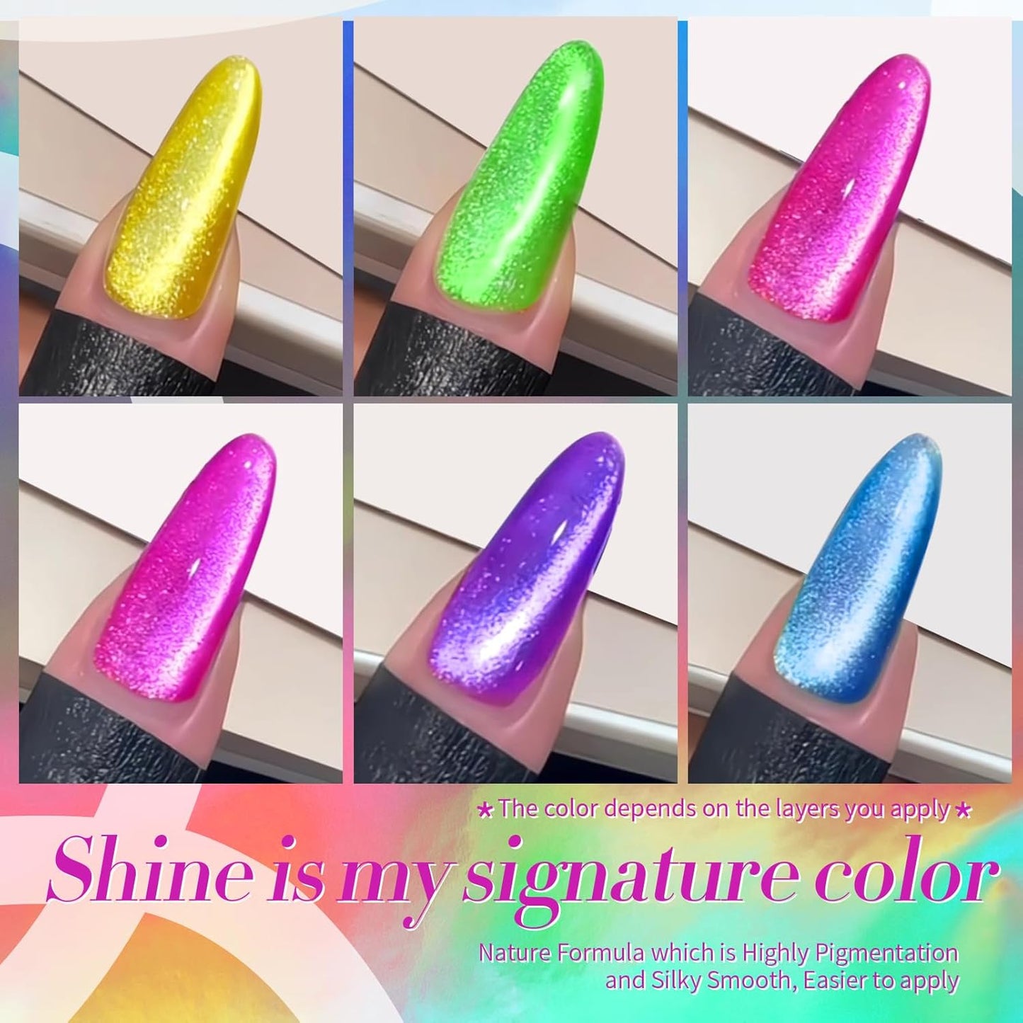 Born Pretty Cat Magnetic Eye Gel Nail Polish Spring Summer Neon Shimmer Glitter Holographic Cat Magnetic Eye Gel Crystal Glass Cat Magnetic Gel Polish Nail Art Manicure DIY at Home 6PCS