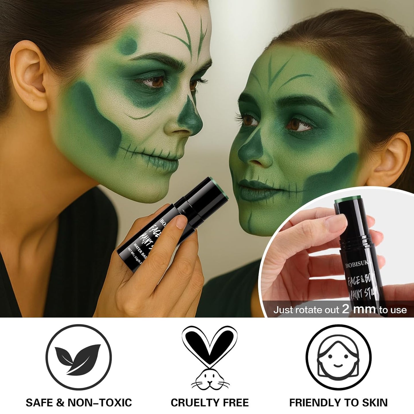 BOBISUKA Green Face & Body Paint Stick Water-Based Washable Face Paint Makeup Stick for Halloween Zombie, Witch, Hulk, Goblin, Hunting, Camo, Cosplay, SFX, Sports Eye Black & Costume Party