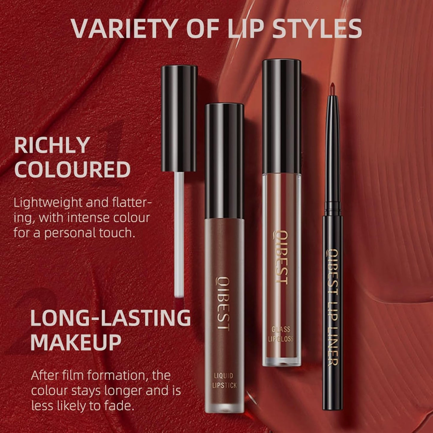 QiBest 3-in-1 Dark Red Lipstick Set for Women & Teen Girls, Matte Liquid Lipstick + Lip Gloss + Gel Lip Liner Pencil Trio Lip Gift Kit for 24 Hours Long Lasting & Waterproof Lip Makeup (Hot Chocolate)