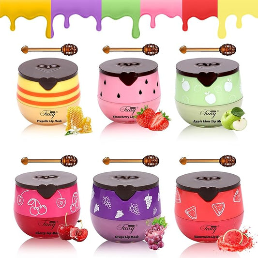 6 PCS Bee Lip Balm Honey Pot, Honey Strawberry Watermelon Apple Vanilla Peach Bee Lip Balm Sleeping Lip Mask Overnight with Sticks, Honey Pot Lip Balm Exfoliating Prevention Dry and Crack Lip Scrubs