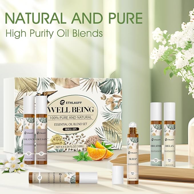 Essential Oils Roll On Set 6 Pack - (Relax, Sleep, Balance,Breathe, Focus on, Happiness) Aromatherapy Oil with Roller Ball, Essential Oils Blends for Skin - Relaxation Gift for Women and Men