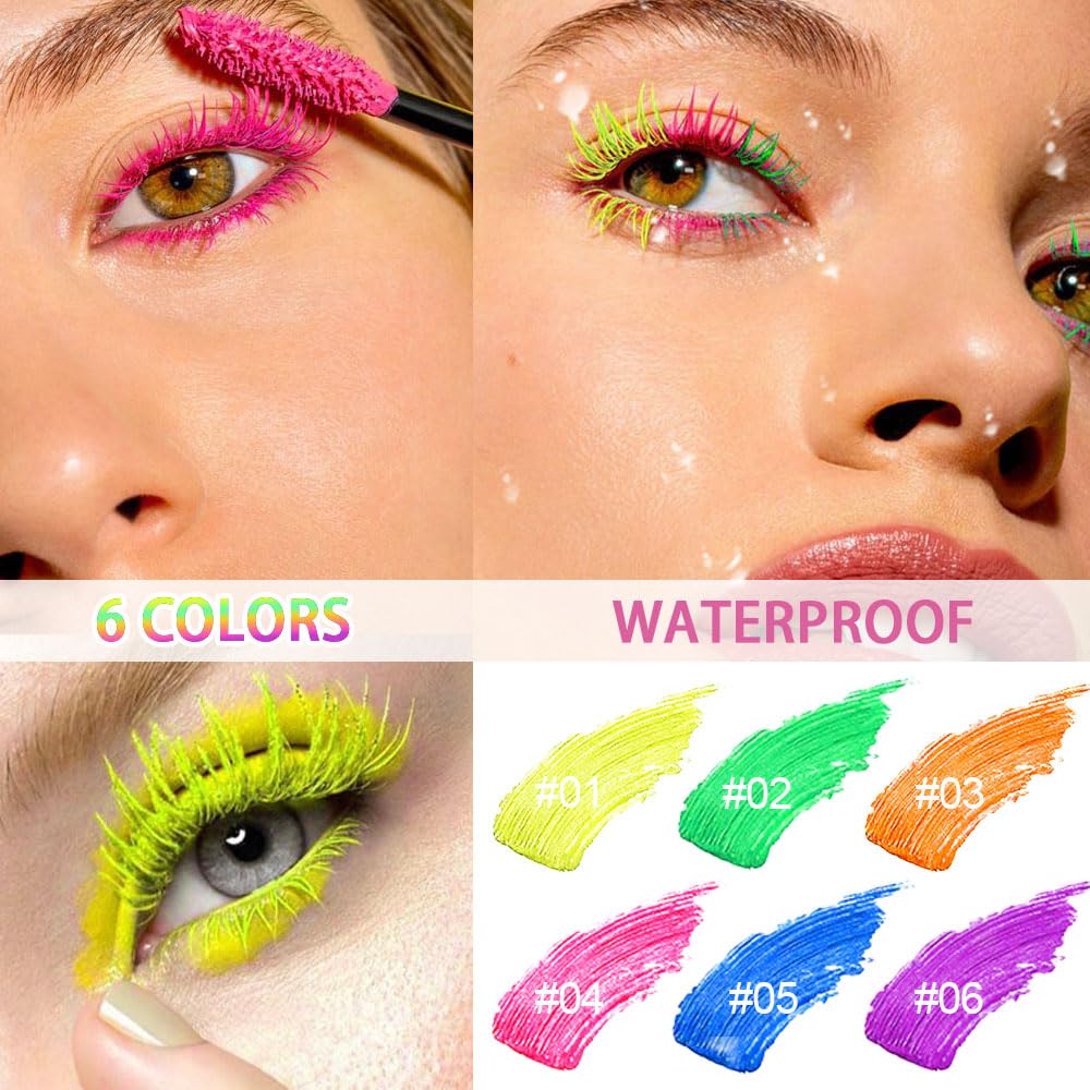 2 Colored Mascara for Eyelashes Set,Blue Green Halloween Fluorescent Colorful Waterproof Long lasting Charming Voluminous Mascara for Women Cruelty Free Vegan Eye Makeup (02# Green &05# Blue)