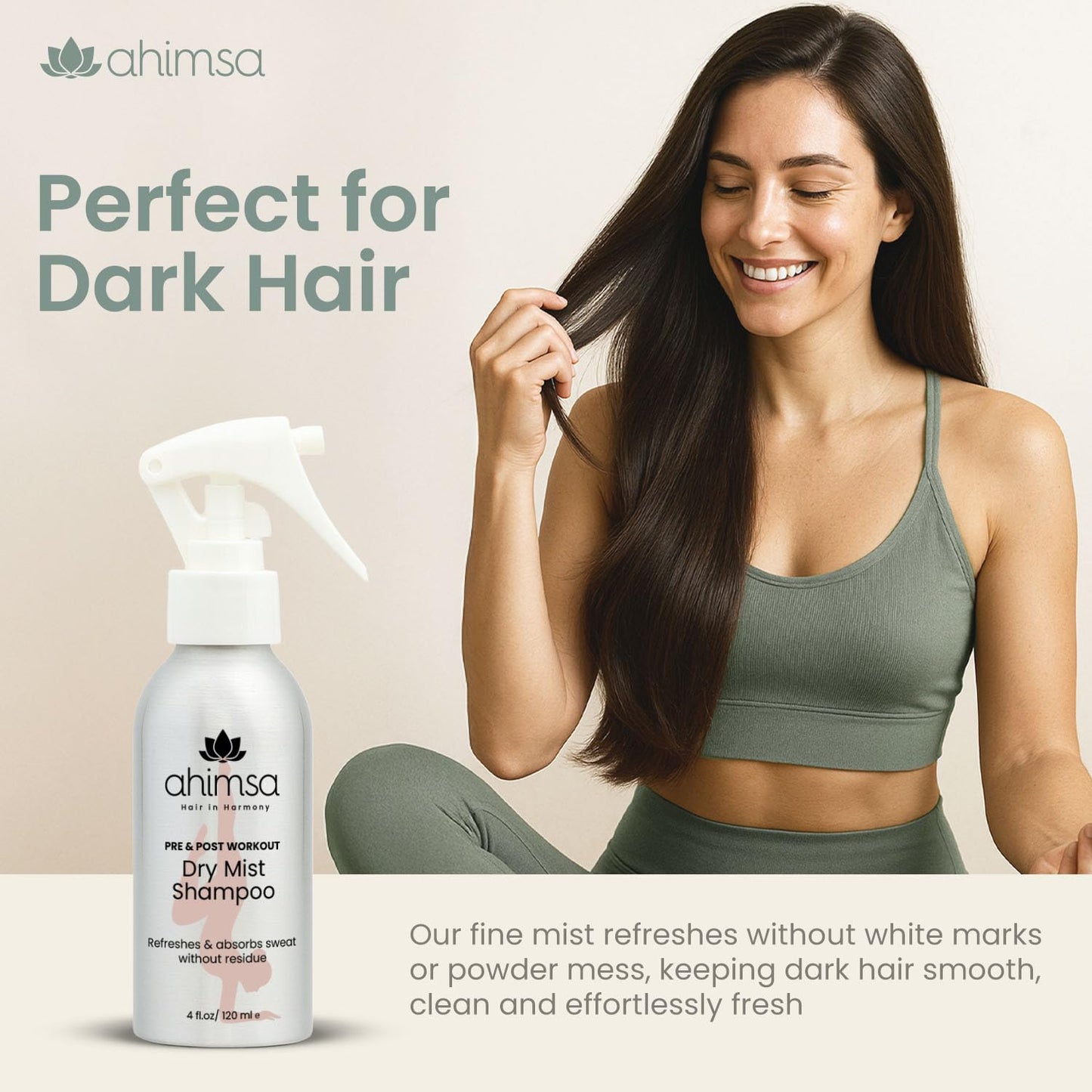 Ahimsa Dry Shampoo Mist Spray 120ml - Non-Aerosol Post-Workout Dry Shampoo Spray for Women Natural No White Residue, Volumizing Refreshing Hair Care, Effectively Absorbs Oil and Sweat, Jasmine Aroma