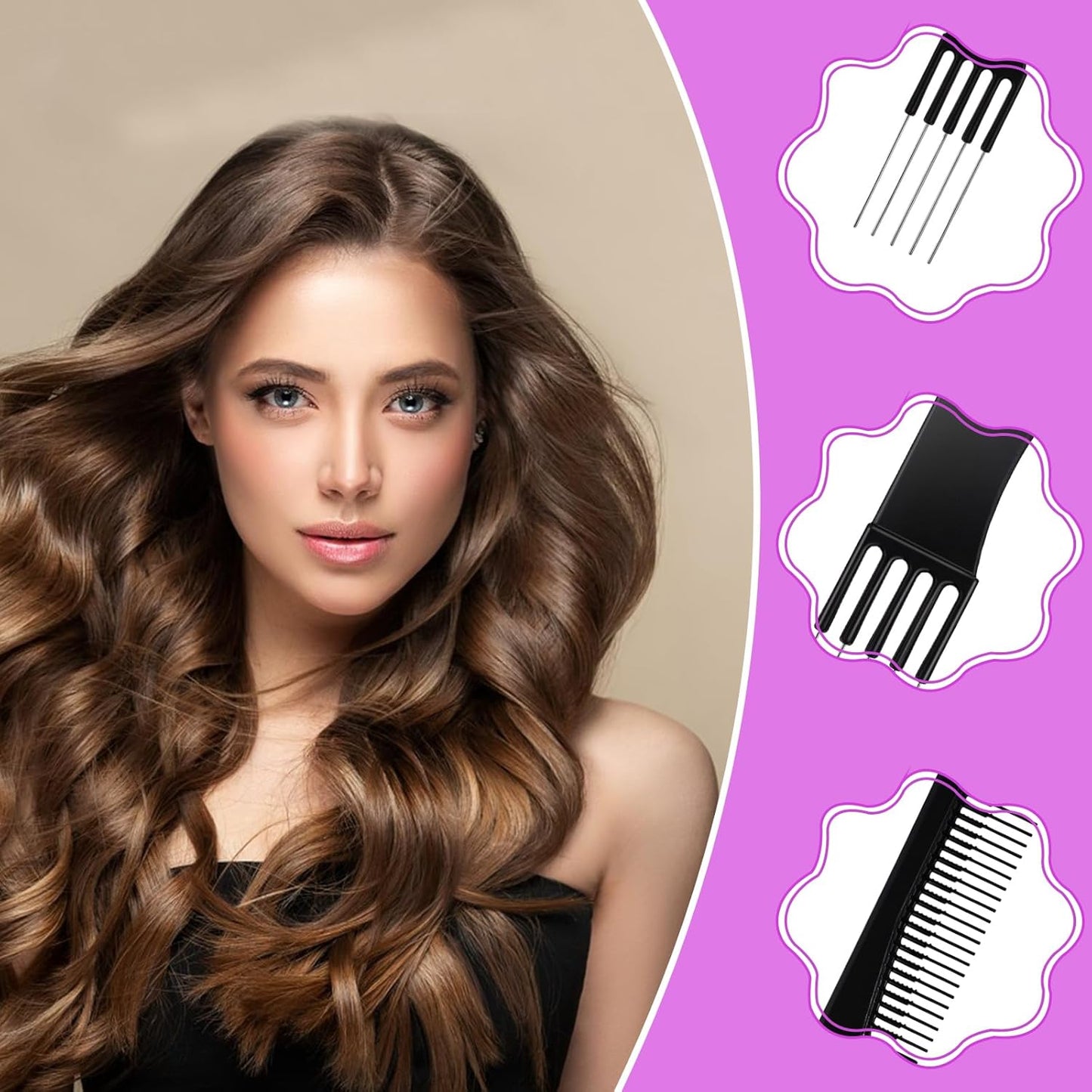 Double-Head Parting Teasing Comb, 6 Pcs Black Metal Prong Pick Combs Parting for Women Picking Comb for Hair Styling Salon Thick Thin Hair