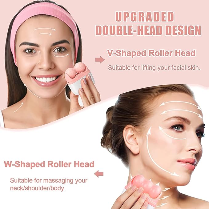 2-in-1 Face Skin Care Tool - Personal Cooling Ice Roller Massager for Eye Puffiness, Migraine, TMJ Pain Relief & Minor Injury (Pink)