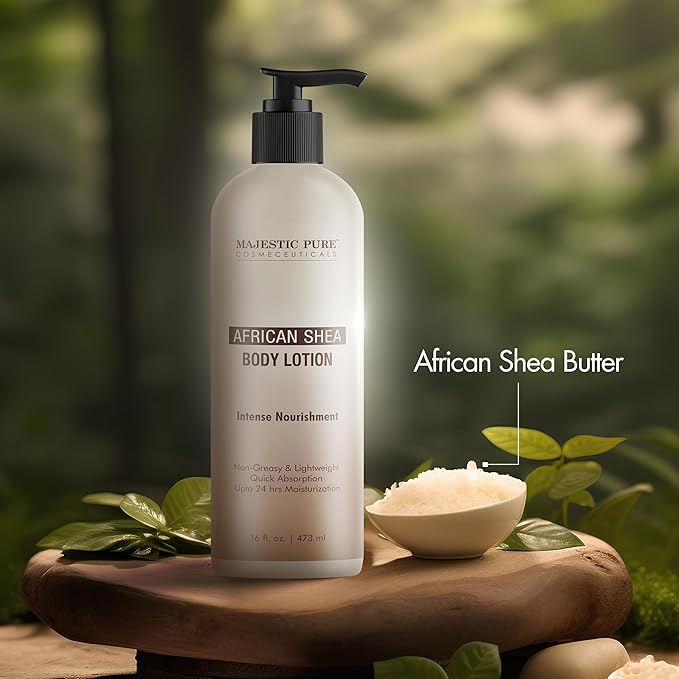 Majestic Pure African Shea Body Lotion with Aloe Leaf Extracts | Nourishing & Moisturizing | Quick Absorbing, Lightweight & Non Greasy | For All Skin Types | For Women & Men | 16fl oz