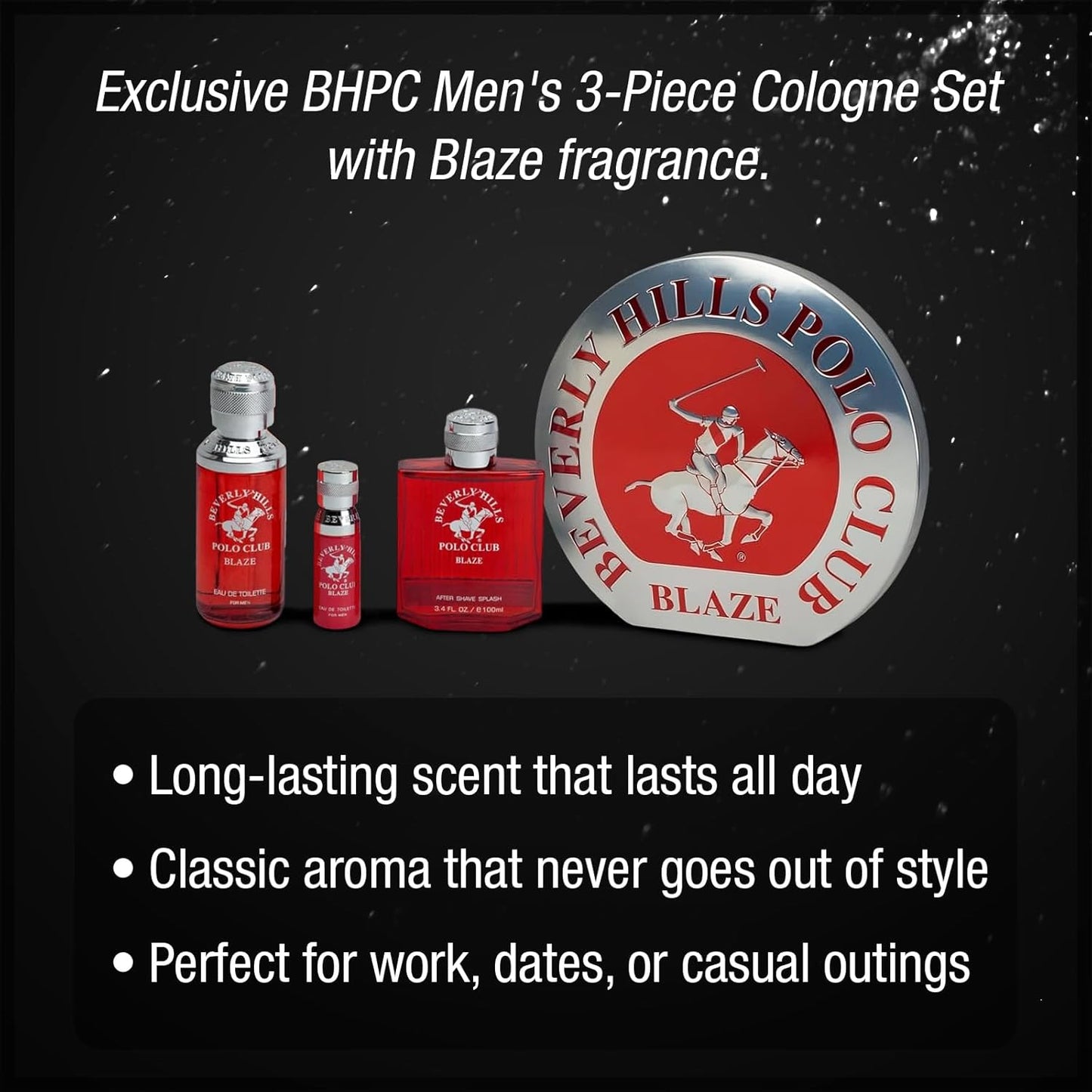 Beverly Hills Polo Club Men's Blaze 3-Piece Cologne Gift Set | Eau De Toilette & After Shave in Collectable Tin | Long-Lasting Premium Fragrance for Him