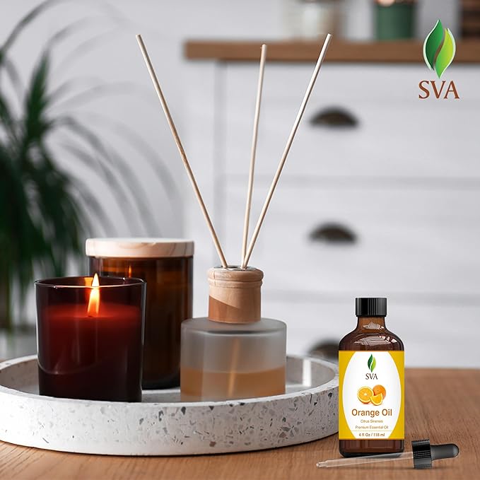 SVA Orange Essential Oil – 4 Fl Oz – 100% Natural Orange Oil - for Diffuser, Hair Care, Face, Skin Care, Aromatherapy, Scalp and Body Massage, Soap and Candle Making - with Dropper