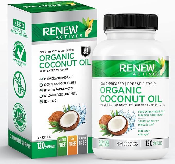 Renew Actives Coconut Oil Supplement 2000MG per 2 Softgels - Premium Source of Antioxidants, Natural Fatty Acids & Metabolism Support for Optimal Health & Energy - Made in Canada - 120 Softgels