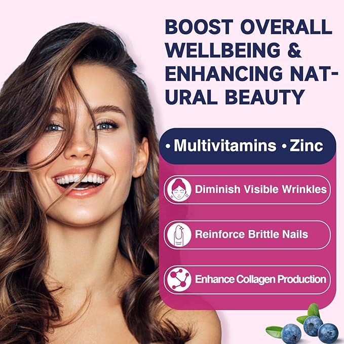 Biotin Gummies for Hair Skin and Nails -Hair Vitamins with Biotin, Zinc, Vitamin A, B6, B12, D3 & More - Support Healthy Skin, Hair Growth, Stronger Nails for Women and Men - 90 Blueberry Gummies