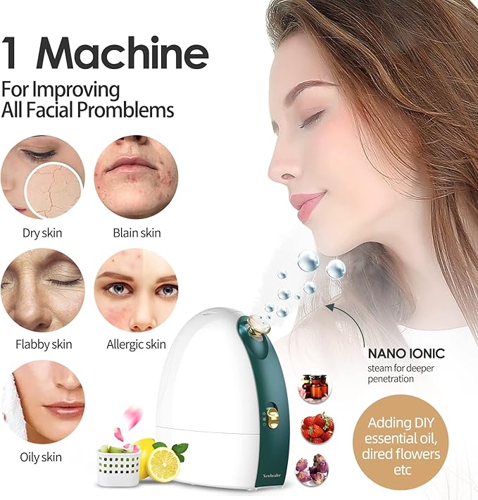 Newbealer Facial Steamer, 3in1 Aromatherapy Face Humidifier, 20 Min Hot & 60 Min Cold Nano Ionic Steam, 180ml Sinuses Moisturizing Cleansing Pores, Bonus 9-Piece Blackhead Remover Kit and Face Brush
