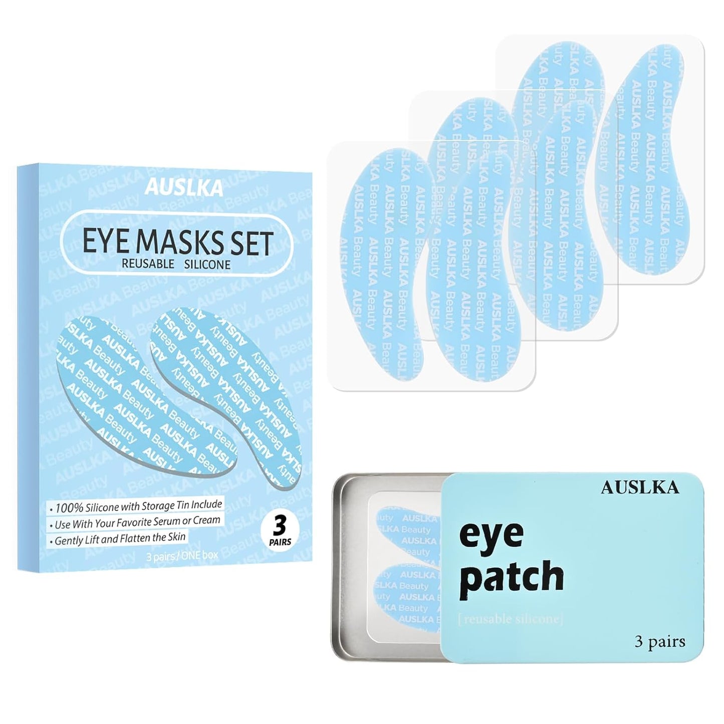 AUSLKA Reusable Under Eye Patches-3 Pairs, Silicone Reusable Eye Masks, Reusable Eye Wrinkle Patches, Silicone Eye&Face Mask for Fine Lines & Dark Circles, Storage Tin Included