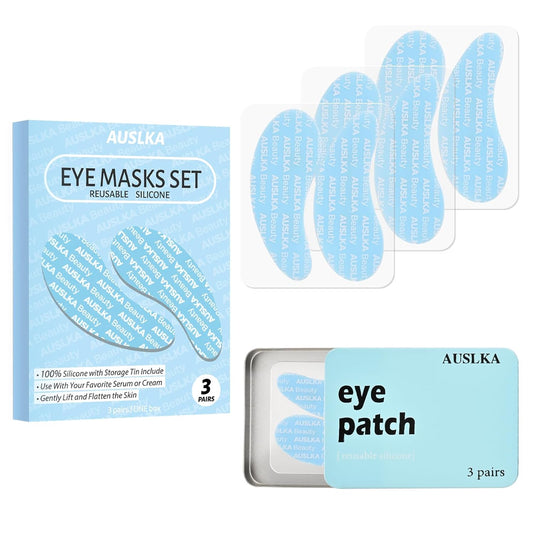 AUSLKA Reusable Under Eye Patches-3 Pairs, Silicone Reusable Eye Masks, Reusable Eye Wrinkle Patches, Silicone Eye&Face Mask for Fine Lines & Dark Circles, Storage Tin Included