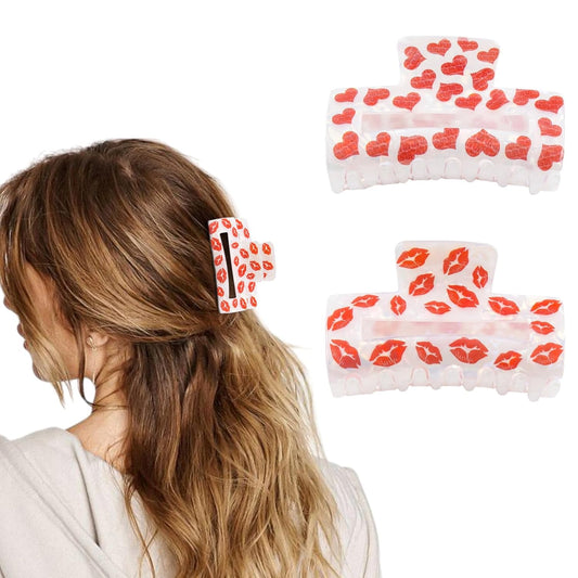 2 Pcs Valentine’s Day Hair Claw Clips, Red Lips Heart Hair Clips for Women, Non-slip Large Hair Claw for Thick Hair/Thin Hair, Valentines Hair Accessories, Cute Red Lips Heart Claw Clips for Women
