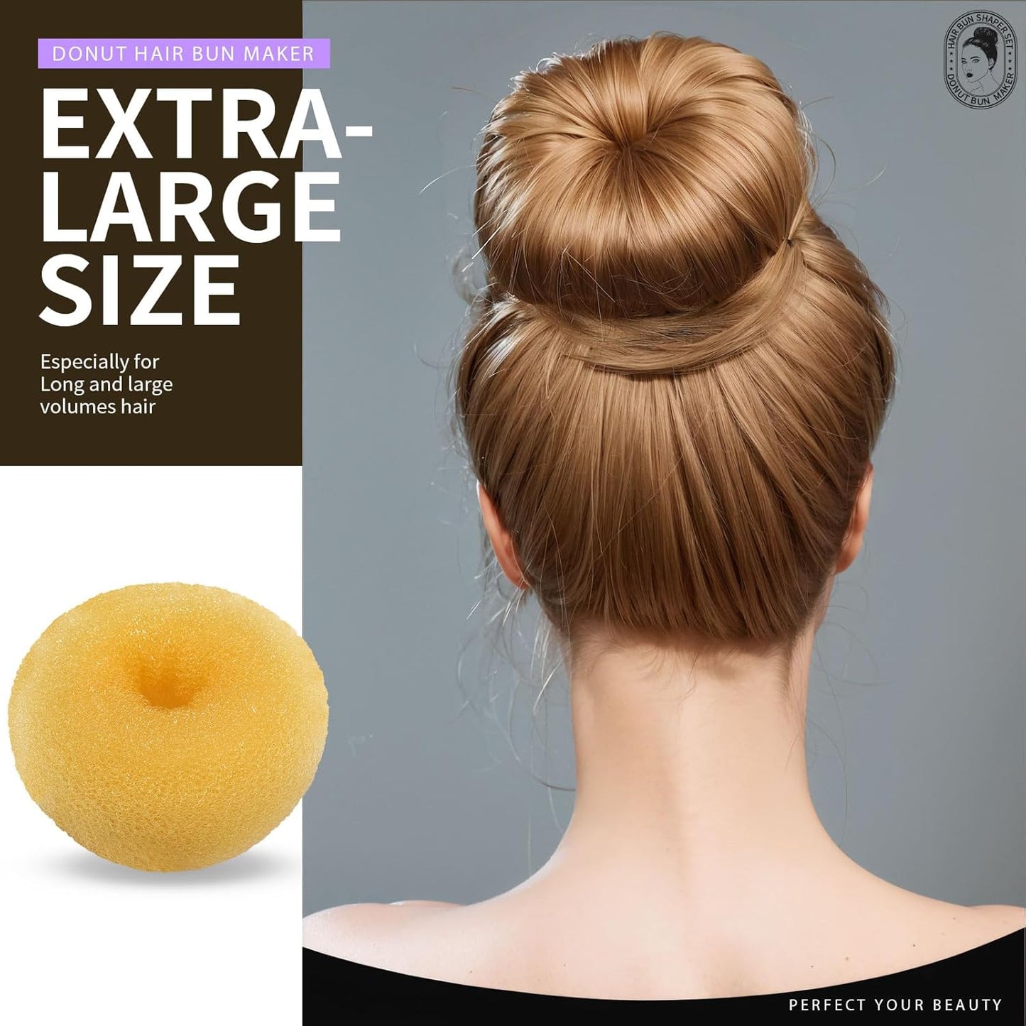 Teenitor Hair Bun Maker Set, 7 Pieces Bun Donuts for Hair(1 Extra-Large, 2 Large, 2 Medium, 2 Small), 5 Elastic Bands, 20 Hair Pins, Gold