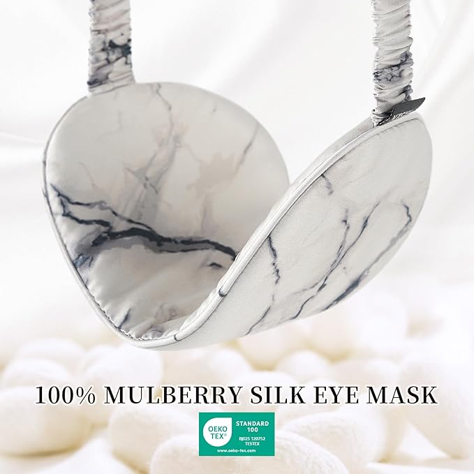 THXSILK Sleep Mask 100% 19 Momme Pure Mulberry Silk Super Smooth Cooling Decorative Sleep Eye Mask Blackout Eye Cover with Wide Head Strap, Marble-Grey