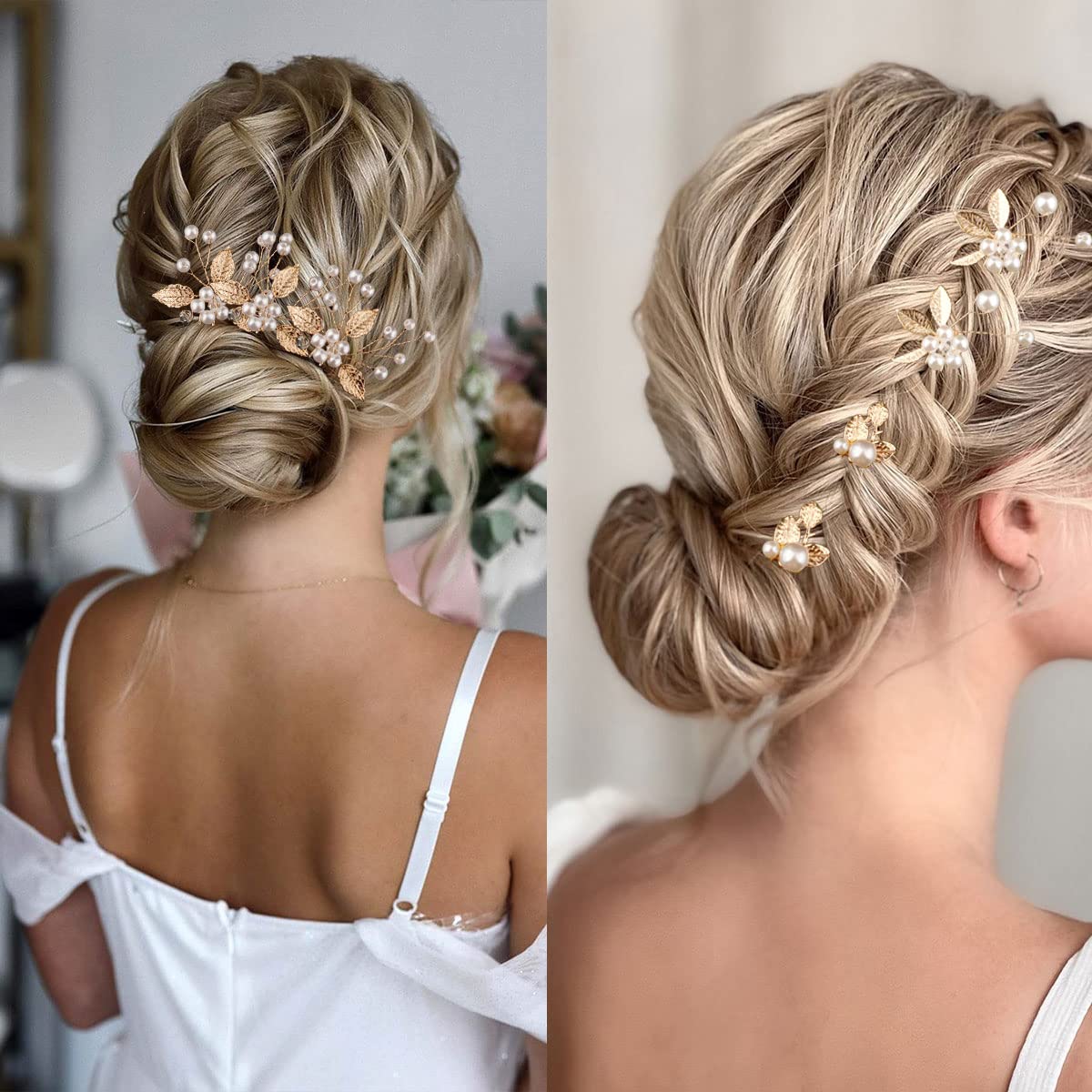 7 Pieces Gold Leaf Pearl Hair Pins with Flower Headpiece - Vintage Styling Accessories for Brides, Bridesmaids, and Girls