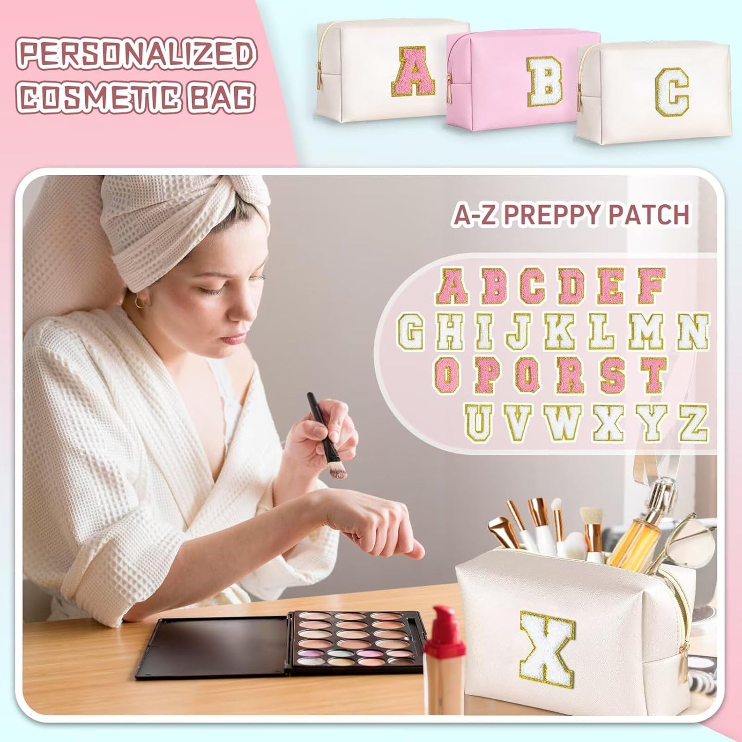 TOPEAST Preppy Makeup Bag, Small Cosmetic Travel Bags for Women, PU Leather Waterproof Toiletry Bag with Zipper, Personalized Birthday Gift for Women Girl, Preppy Gifts for Girl (White Z)