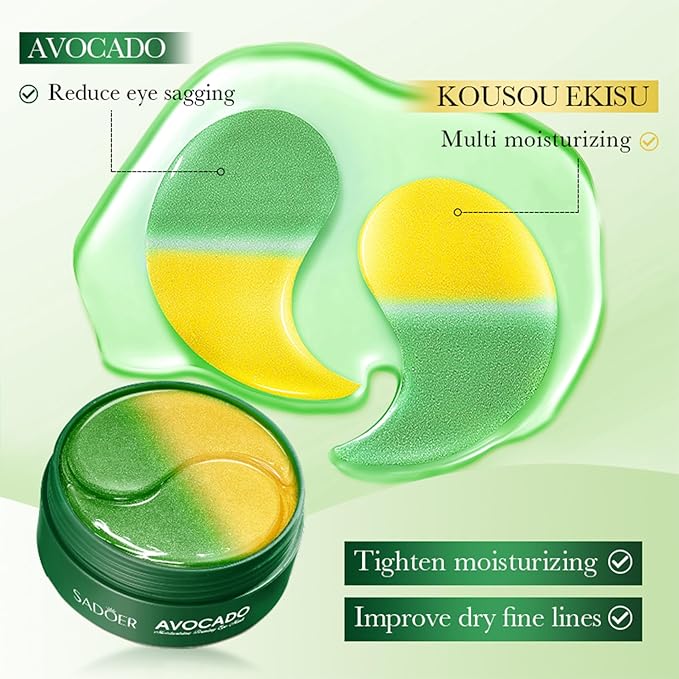 Avocado Under Eye Patches - 60 Pcs Eye Mask Anti-Aging Collagen Hyaluronic Acid Moisturizing Under Eye Mask for Removing Dark Circles