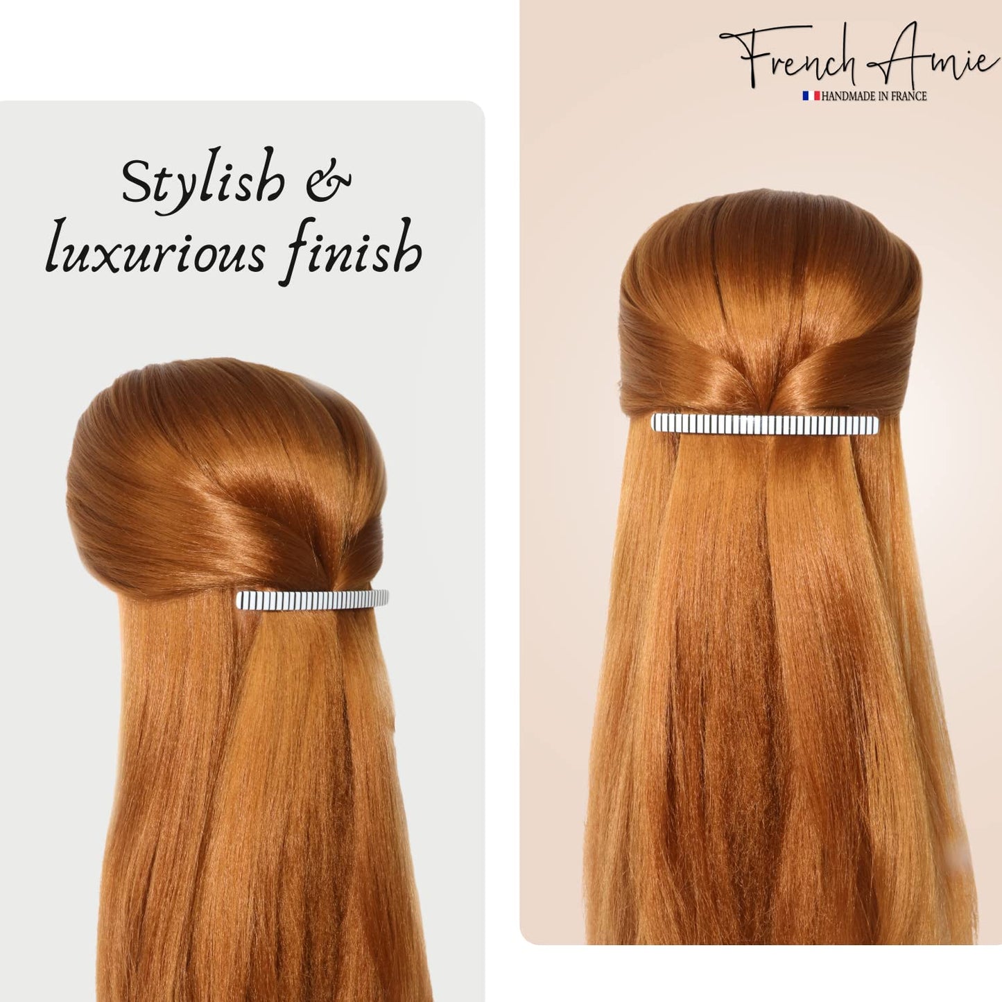 French Amie Long and Thin Black White Large 4” Handmade Celluloid Automatic Hair Clip Barrette for Women and Girls (Stripe)