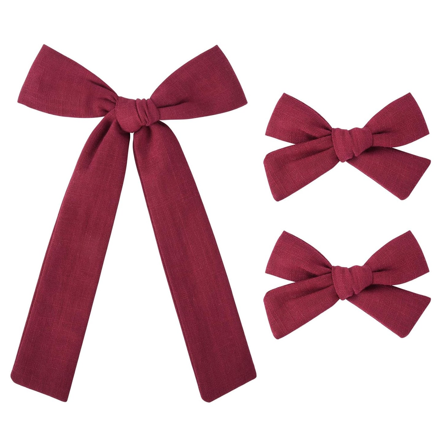 DEEKA Burgundy Cotton Linen Hair Bows 2 Sizes 5"&3.5" Soft Hair Bow set for Toddler Girls Long Ponytail Knot Bows Alligator Clip Hair Accessories for Little School Girls (Burgundy)