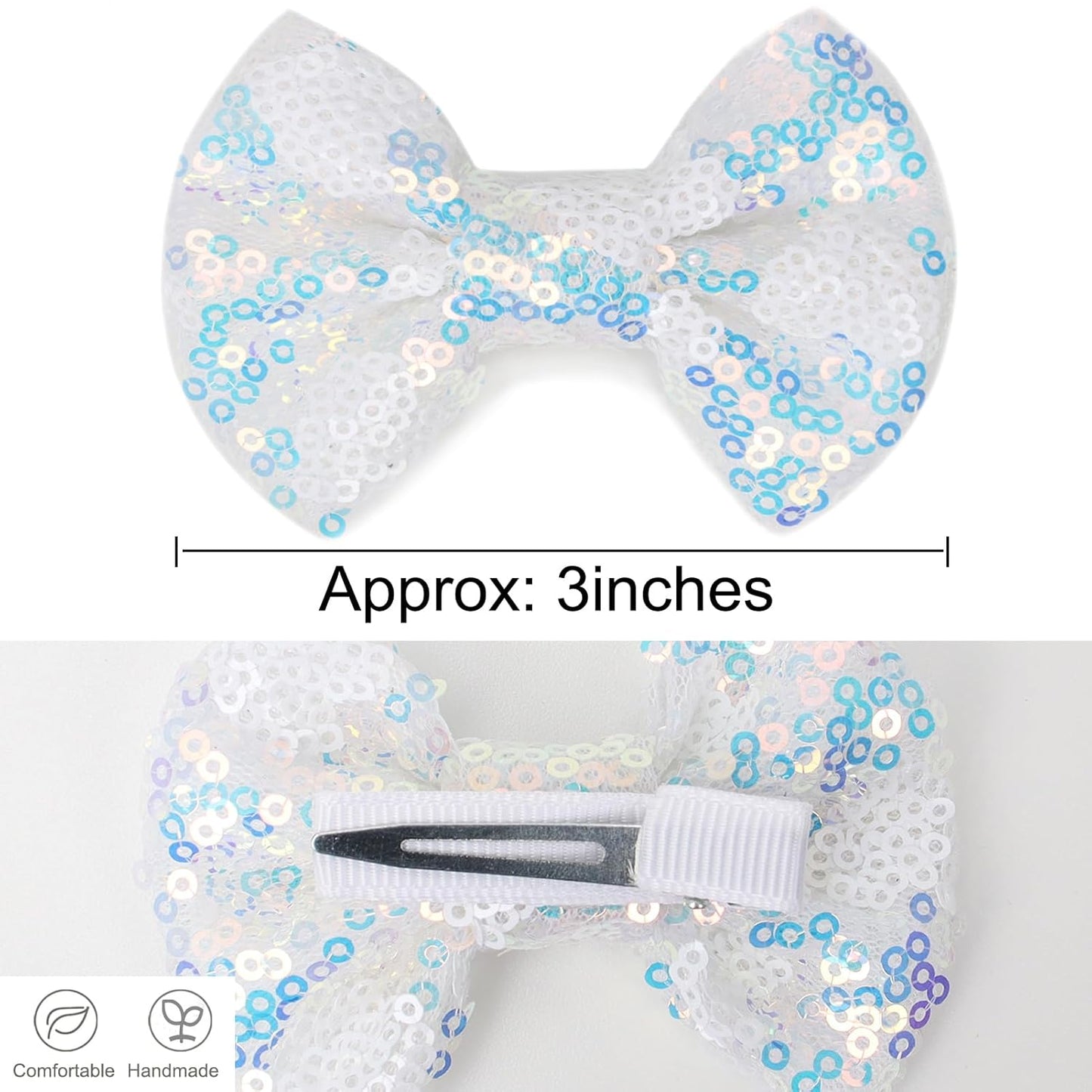 Sparkling 3 Inch Glitter Heart Hair Bows Clips Sequin Bow Alligator Clips Hair Accessories for Girls, Teens, Toddlers (White)