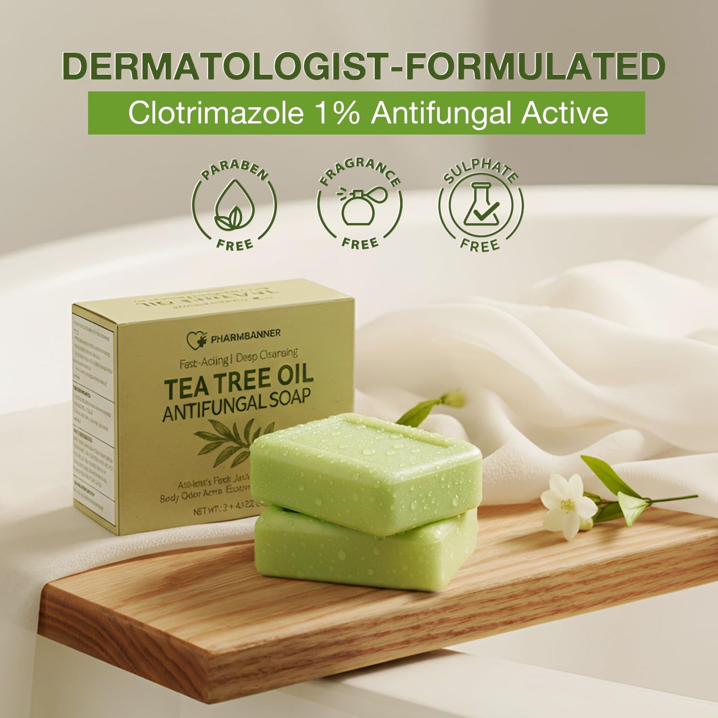 Tea Tree Antifungal Soap Bar – Body Wash for Face & Body Acne, Folliculitis, Jock Itch, Ringworm, Athlete’s Foot, Body Odor, Eczema – 2×4.1 oz