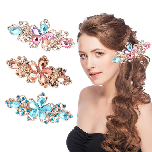 3 Pcs Hair Accessory Women Flower Barrettes Vintage French Hair Clips Rhinestones Bridal Hair Pins Hair Jewelry for Wedding Party 6cm, 1-Flower Multicolor