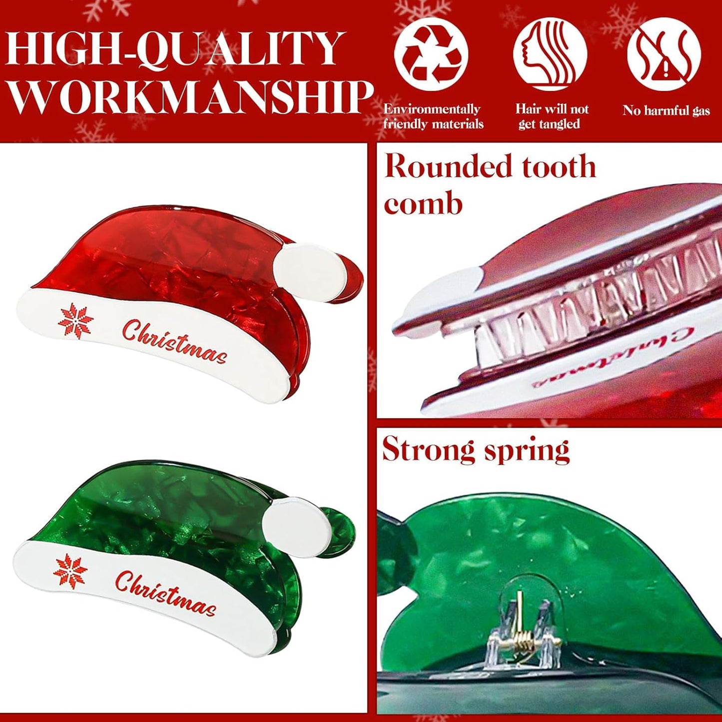 2 Pack Christmas Hair Clips, Christmas Hat Clip for Hair, Christmas Themed Hair Claw for Women, Holiday Claw Clips, Christmas Hair Accessories for Thin Medium Hair, Christmas Claw Clips (Green Red)
