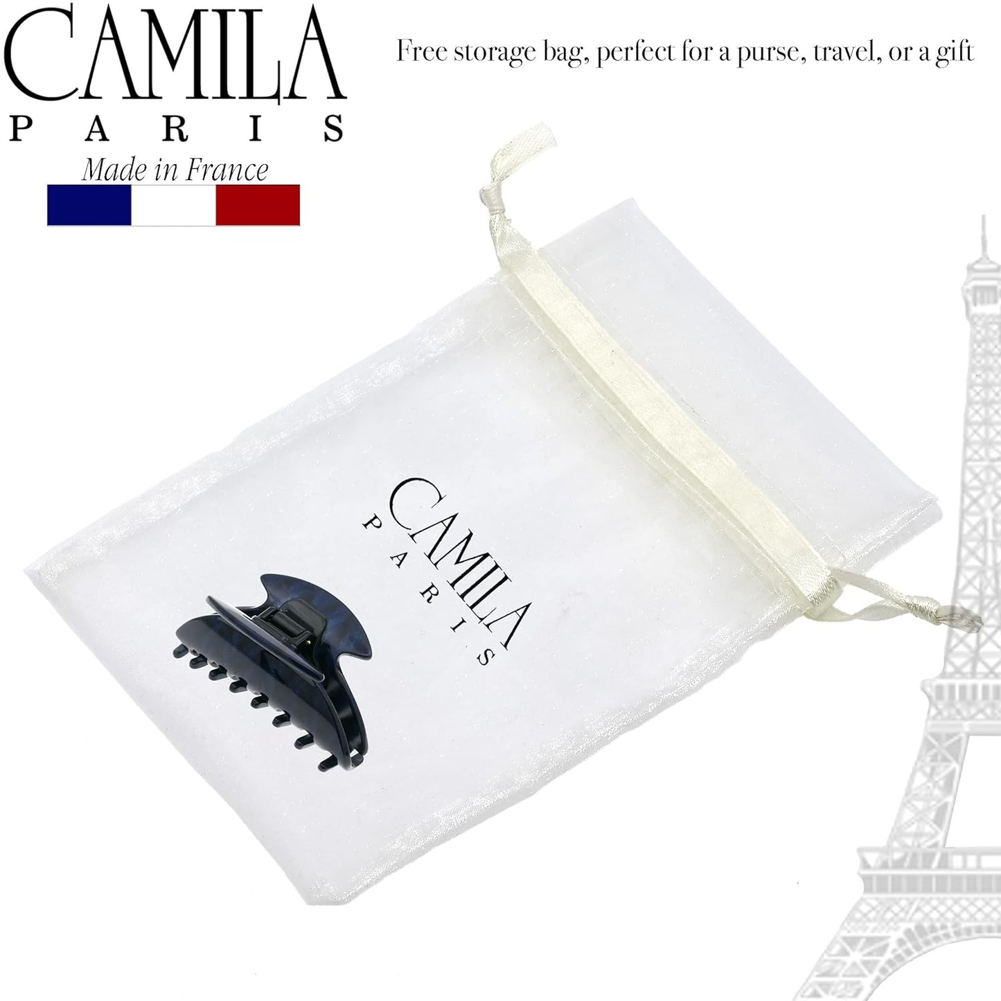 Camila Paris CP3267 French Hair Clip for Women, Small 2.75 inch Handmade, Blue, Girls Hair Claw Clips Jaw Fashion Durable Styling Hair Accessories for Women, Strong Hold No Slip Grip. Made in France