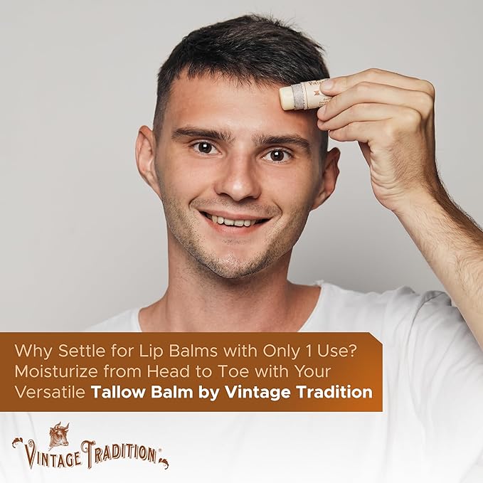 Vintage Tradition Moisturizing Beef Tallow Lip Balm – Tube Lip Moisturizer with Citrus & Lavender Essential Oil Blend Hydrates & Soothes Dry Lips – Grass-Fed Tallow Balm for Skin Care, 0.5 Fl. Oz.