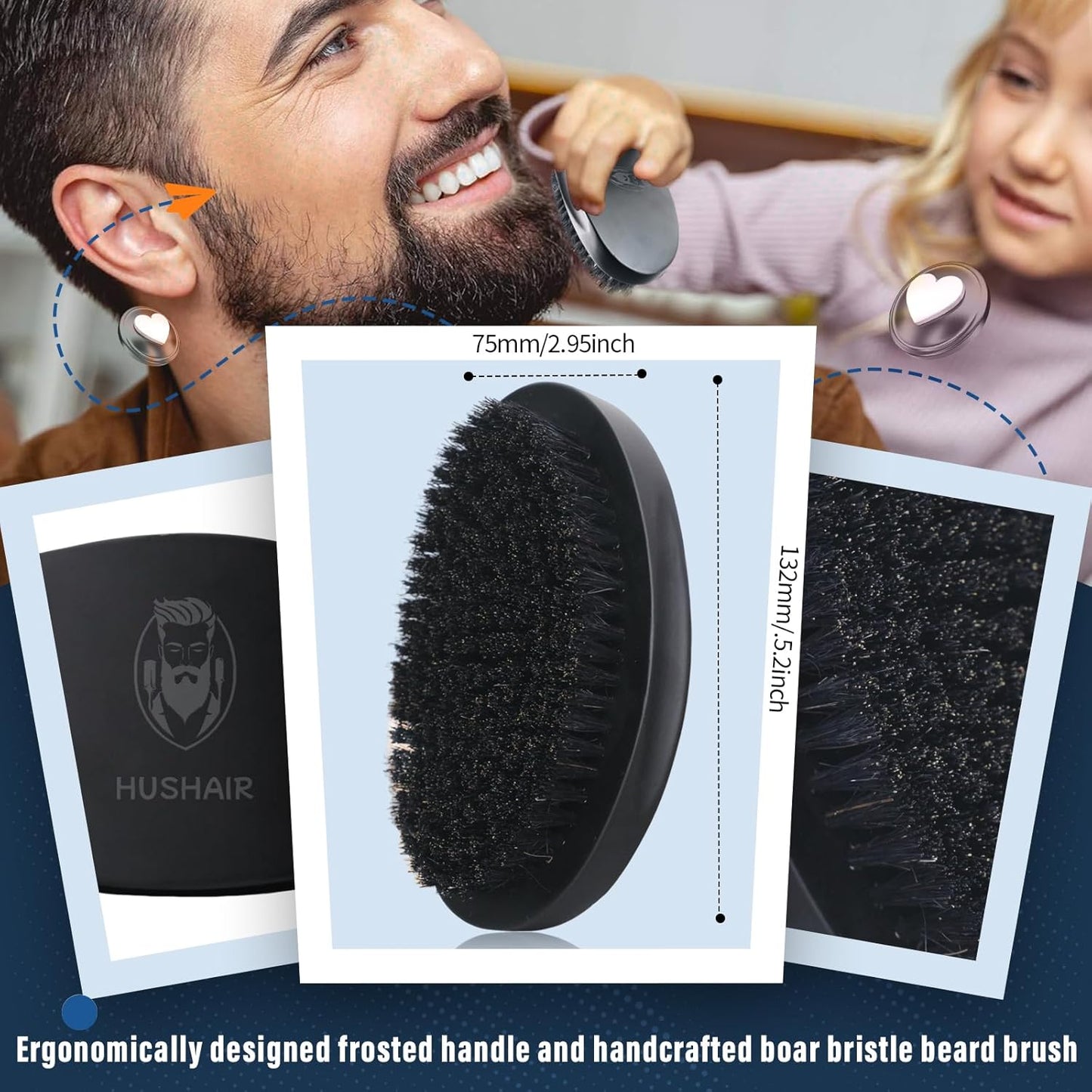 Beard Brush 5-in-1 Set for Men - Natural Boar Bristle Brush & Beard Pen Filler，Stainless Steel Pocket Beard Comb/Combing Brush/Ramie Storage Bag - Great for Grooming Beards and Mustaches