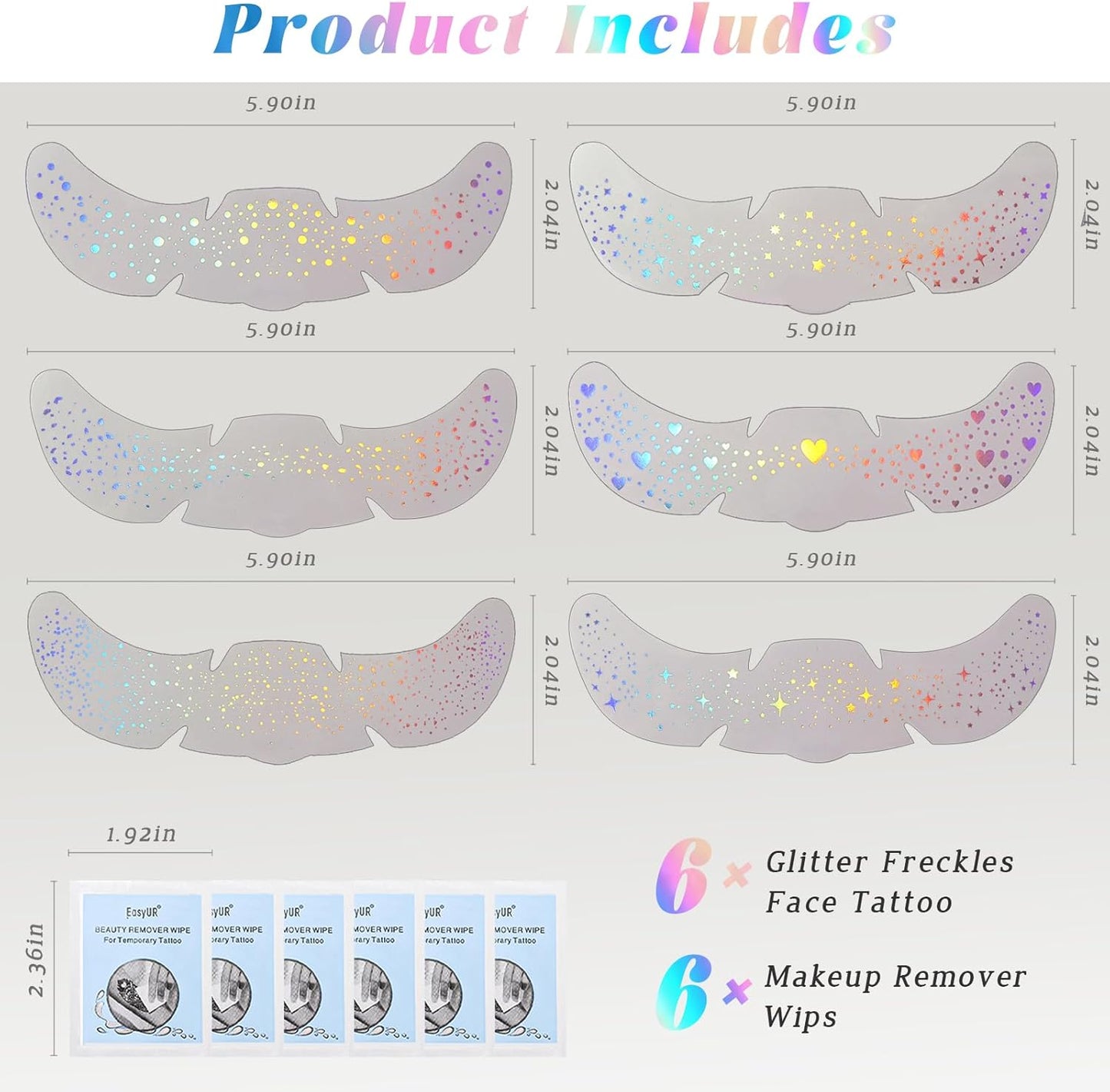 6 pcs Holographic Glitter Freckles Face Tattoo, Waterproof Sparkle Body Glitter Speckles Patches for Women, Cute Star Glitter Stickers Temporary Tattoo Makeup Accessories for Festival Rave