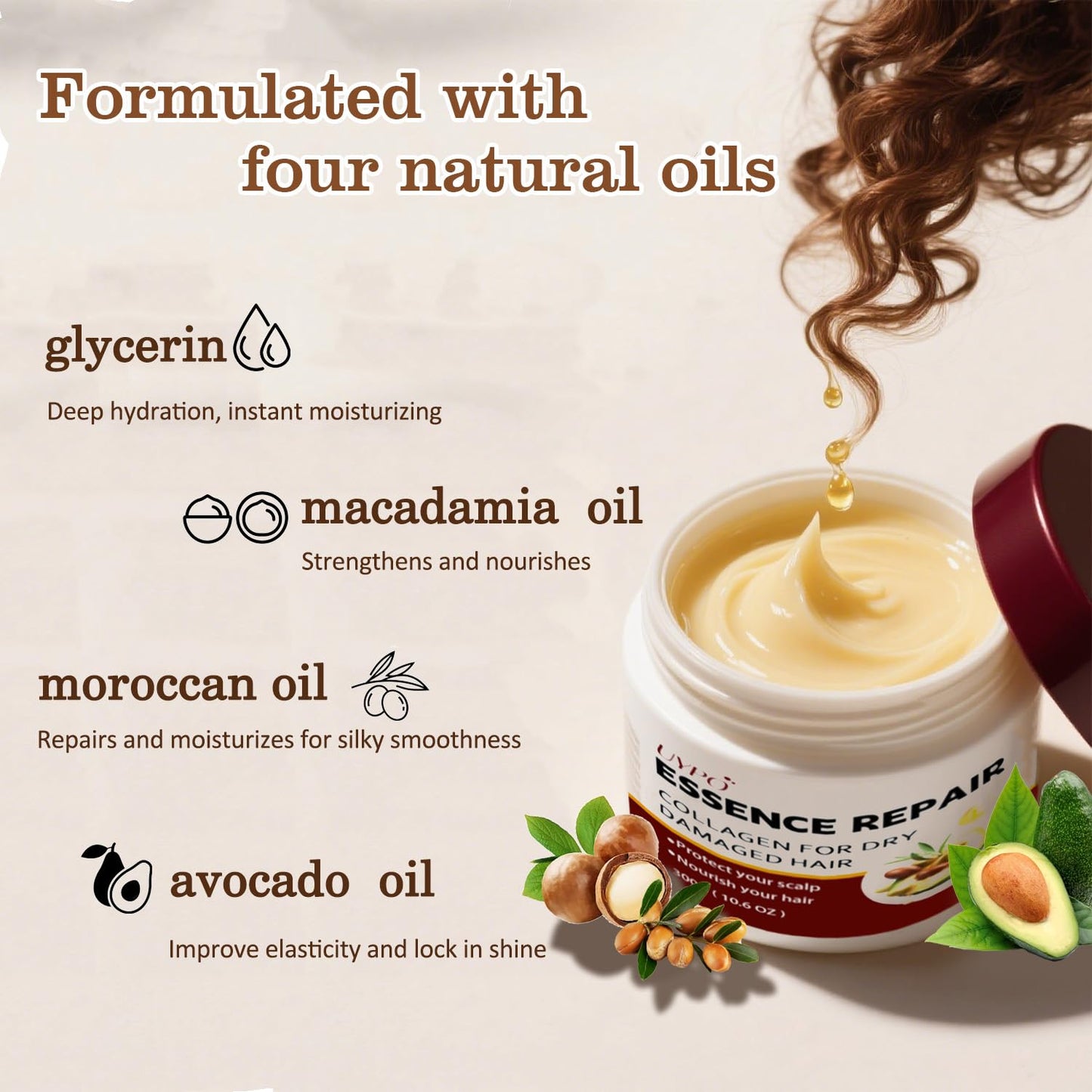 Collagen Hair Mask for Deep Conditioning, Keratin Hair Treatment with 4 Hydrolyzed Proteins for Dry Damaged Hair, Moroccan Argan Oil, Avocado Oil, Calendula & Gentian Extract - Nourishing Repair (1pc)