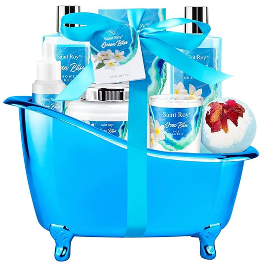 Mother's Day Gifts Spa kit Gifts for Her or Him Birthday Gifts for Women, Luxury Home Spa Kit, 8pcs Bath Gift Set Ocean & Vanilla, Gift Baskets for Women Unique with Bath Bombs, Scented Body Lotion