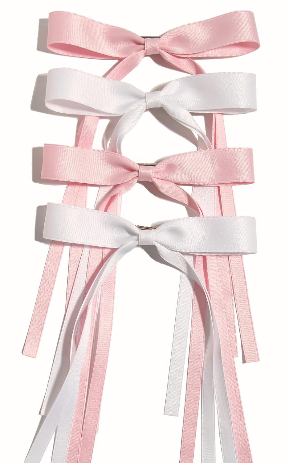 4pcs Tassel Ribbon Bowknot Hair Clips with Long Tails, Solid Claw Barrettes with Bows for Girls and Women - Hair Accessories (Pink White)