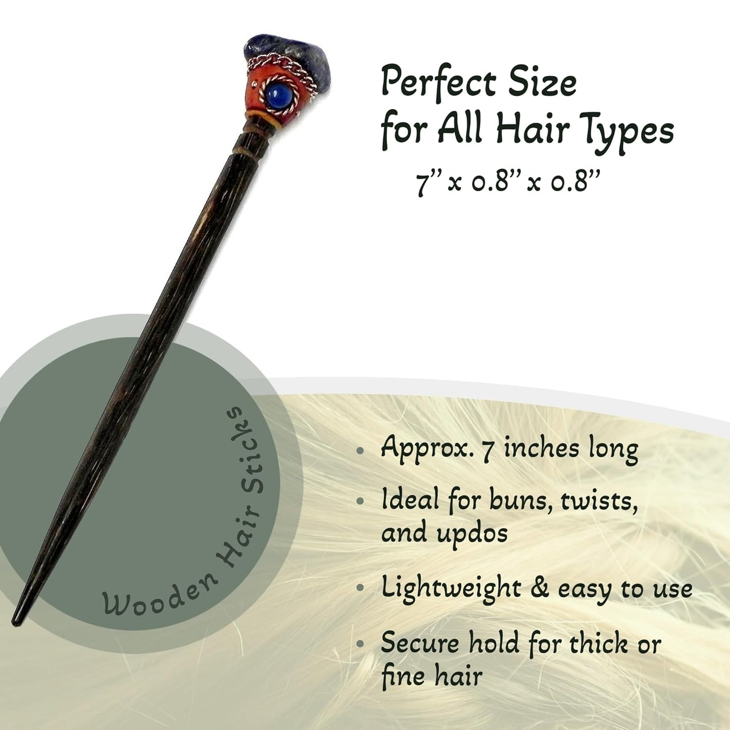 Mia Jewel Shop - Natural Tumbled Healing Gemstone Crystal Chonta Wooden Hair Sticks – Handmade Hair Sticks for Women | Hair Pins Boho Reiki Accessories, Fashion Gifts (Blue Sodalite)