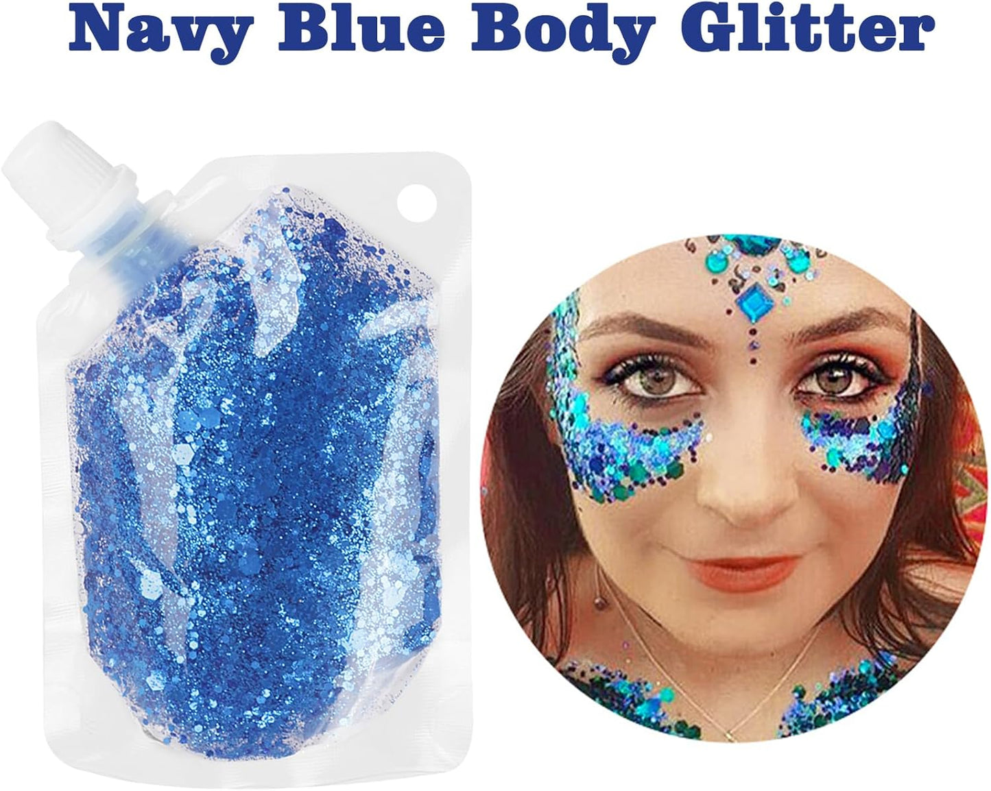 MEICOLY Navy Blue Face Body Glitter,4th of July Face Glitter Accessories,Mermaid Sequins Chunky Glitter Face Paint for Face/Body/Hair/Eye/Lip,Sparkly Body Glitter for Women and Kids