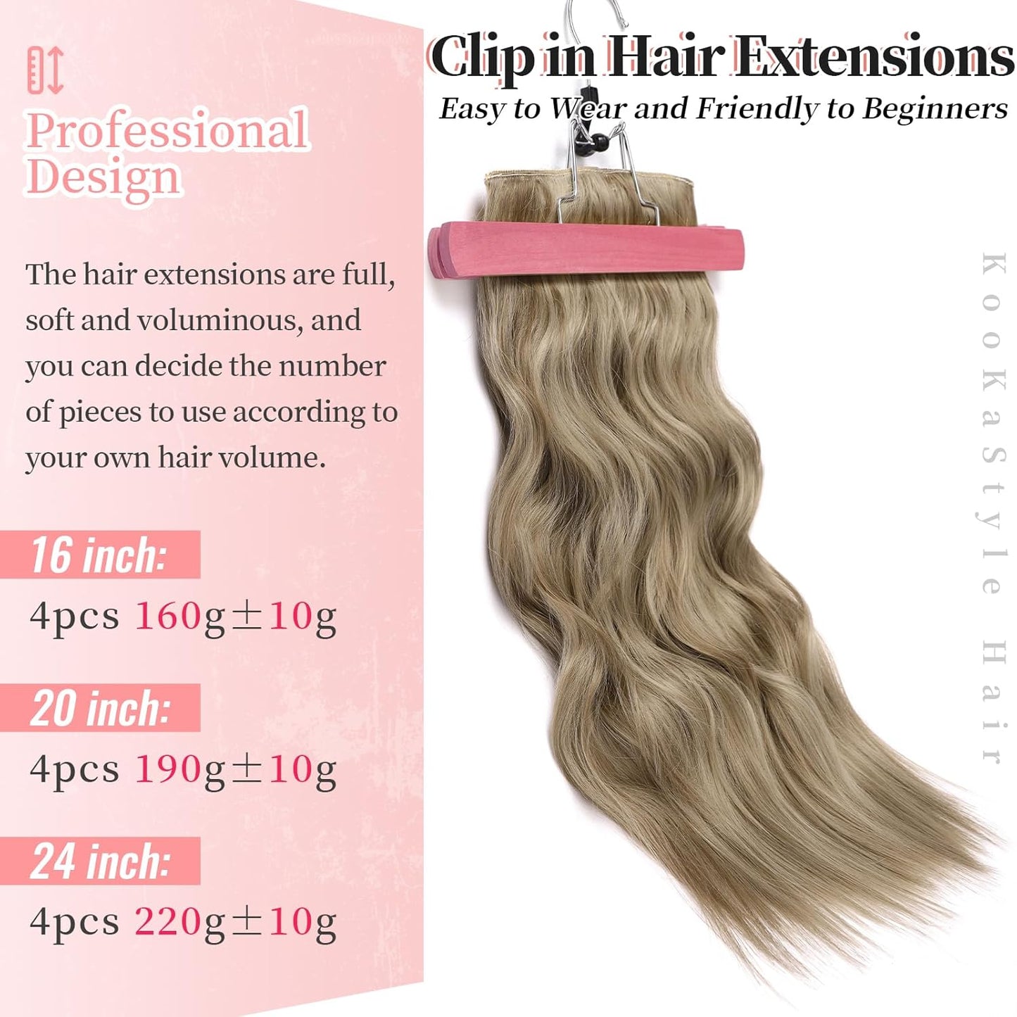 KooKaStyle Hair Extensions Ashy Taupe Blonde Clip in Synthetic Highlight Long Wavy 4PCS Thick Hairpieces for Daily Use 20 Inch for Women