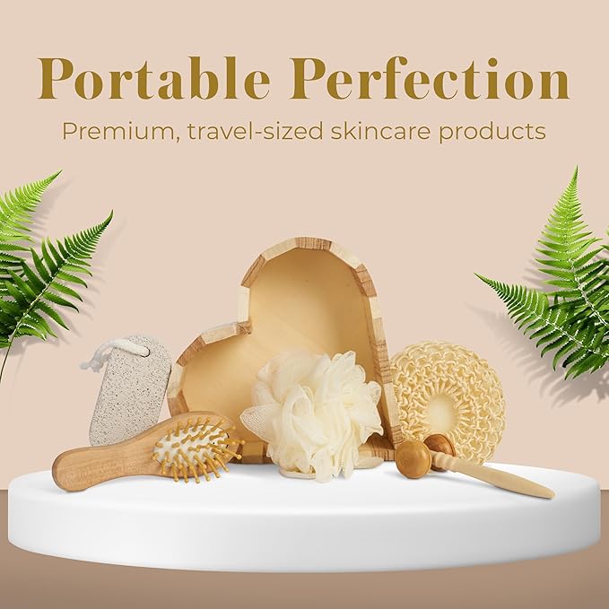 Bella Ciao Body and Skin Care Set, 6-PC, Face Massage Roller, Hair Brush, Pumice Stone, Loofah, Exfoliating Sponge, Wooden Tray Gift Basket, Bath and Body Gift Set, Valentines Day Gifts for Her